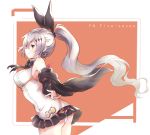  ass bangs bare_shoulders black_jacket black_ribbon black_skirt blush breasts brown_eyes character_name closed_mouth commentary eyebrows_visible_through_hair five-seven_(girls_frontline) girls_frontline grey_hair hair_between_eyes hair_ornament hair_ribbon high_ponytail jacket large_breasts leaning_forward long_hair melings_(aot2846) miniskirt off_shoulder panties pleated_skirt ponytail ribbon shirt skirt smile solo standing underwear very_long_hair white_panties white_shirt 