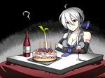  ? ahoge alcohol birthday birthday_cake breasts caffein cake candle cleavage cup detached_sleeves drinking_glass food grey_hair hair_ribbon headset kotatsu large_breasts long_hair ribbon solo spring_onion table vocaloid wine wine_glass yowane_haku 