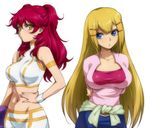  arms_behind_back bad_haro bare_shoulders blonde_hair breast_envy breasts freckles frown gundam gundam_00 hair_ornament hairclip hairu hand_on_hip holding_arm large_breasts long_hair looking_at_breasts louise_halevy medium_breasts midriff multiple_girls navel nena_trinity pout red_hair shirt simple_background skin_tight taut_clothes taut_shirt two_side_up wristband 