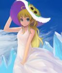  bare_shoulders blonde_hair blue_eyes crystal dress dress_tug flower hat hoshii_miki idolmaster idolmaster_(classic) long_hair smile solo sunflower white_dress yuucho 