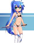  :3 ahoge alternate_hairstyle bad_id bad_pixiv_id bikini blue_hair green_eyes izumi_konata kogaku_kazuya long_hair lucky_star mole mole_under_eye navel ponytail race_queen revealing_clothes solo swimsuit thighhighs thong_bikini umbrella vest 