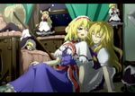  alice_margatroid bed blonde_hair blue_eyes bomb closed_eyes doll hand_on_head hat hat_removed headwear_removed kirisame_marisa multiple_girls ninel_(idkaruna) one_eye_closed sitting touhou witch_hat 