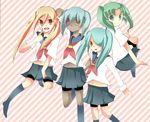  4boys afuro_terumi blonde_hair blue_hair brown_eyes crossdress crossdressing dark_skin eyepatch green_eyes green_hair hair_over_one_eye inazuma_eleven inazuma_eleven_(series) kazemaru_ichirouta long_hair male male_focus midorikawa_ryuuji multiple_boys open_mouth orange_eyes red_eyes sakuma_jirou school_uniform shorts skirt smile sweatdrop trap twintails 