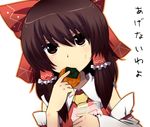  bow brown_eyes brown_hair detached_sleeves eating food hair_bow hakurei_reimu leon_(mikiri_hassha) mouth_hold senbei solo sweatdrop touhou translated 