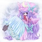  blue_ribbon blush boots bow bowtie crescent crescent_hair_ornament cross-laced_footwear edo. frills hair_ornament hat long_hair lowres mob_cap patchouli_knowledge purple_eyes purple_hair red_ribbon ribbon solo touhou very_long_hair 