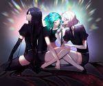  3others androgynous aqua_eyes aqua_hair black_eyes black_hair bort colored_eyelashes crystal_hair diamond_(houseki_no_kuni) elbow_gloves eyebrows_visible_through_hair gem_uniform_(houseki_no_kuni) gloves glowing green_eyes green_hair highres houseki_no_kuni long_hair looking_at_viewer looking_back multicolored multicolored_eyes multicolored_hair multiple_others necktie phosphophyllite rainbow_eyes rainbow_hair short_hair sitting smile thighhighs very_long_hair 