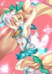  armpits aya_(min412) bad_id bad_pixiv_id blazblue blonde_hair green_eyes highres long_hair low-tied_long_hair one_eye_closed platinum_the_trinity quad_tails symbol-shaped_pupils two_side_up v 