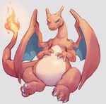  blue_eyes charizard claws dragon fire highres looking_at_viewer nintendo ovopack plain_background pok&#233;mon pokemon sitting smile solo video_games wings 