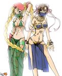  2girls arabian_clothes armpits arms_up bare_shoulders bikini blonde_hair blush breasts brown_hair cammy_white capcom chun-li cleavage female jewelry large_breasts long_hair midriff mound_of_venus multiple_girls navel short_hair simple_background street_fighter swimsuit veil wink 