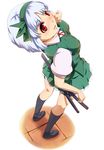  bike_shorts breasts covered_nipples face foreshortening from_above green_hairband hairband highres katana konpaku_youmu looking_up red_eyes scabbard sheath sheathed short_hair silver_hair small_breasts socks solo sword touhou umakatsuhai weapon white_hair 