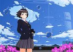  black_hair camera cloud day flower grey_eyes nanahime original school_uniform serafuku skirt sky smile solo 