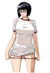  black_hair buruma buruma_pull butcherboy copyright_request glasses gym_uniform mole pulled_by_self short_hair solo undressing wide_hips 