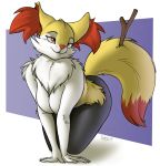  2019 amber_eyes anthro big_breasts biting_lip braixen breasts canine digital_media_(artwork) dipstick_tail female fluffy_chest fur hi_res inner_ear_fluff mammal multicolored_fur multicolored_tail nintendo pok&eacute;mon pok&eacute;mon_(species) seductive signature skipsy smile solo stick thick_thighs video_games wide_hips 