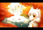  animal_ears autumn detached_sleeves hat highres inubashiri_momiji minazuki_(aqua-city) red_eyes short_hair solo tokin_hat touhou white_hair wolf_ears 