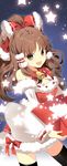  alternate_costume bad_id bad_pixiv_id bare_shoulders bell black_legwear bow breasts brown_eyes brown_hair cleavage detached_sleeves gift hair_bow hakurei_reimu long_hair open_mouth roh_nam_kyung santa_costume small_breasts solo star thighhighs touhou zettai_ryouiki 