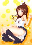  ass bare_shoulders black_legwear blush brown_hair cum cum_on_body cum_on_lower_body hair_ornament hisukoha-kei kneehighs long_hair open_mouth panties skirt solo striped striped_panties to_love-ru underwear yuuki_mikan 