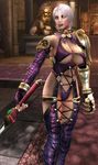  1girl 3d armor big_breasts breasts cleavage earrings female game_cg gauntlet gauntlets gloves hair_over_eye hair_over_one_eye holding huge_breasts indoors isabella_valentine ivy jewelry large_breasts leather lipstick makeup namco official_art original short_hair solo soul_calibur soul_calibur_iv soulcalibur_iv standing underboob weapon white_hair 