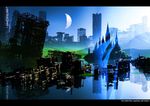  city crescent_moon evening koala_(kaikatsu) letterboxed moon no_humans original reflection scenery sky water 