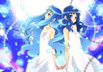  back-to-back blue blue_background blue_eyes blue_hair cowboy_shot dress dual_persona heartcatch_precure! henshin holding_hands kurumi_erika long_hair looking_at_viewer mitsui_tomosumi mosaic_background precure profile signature star white_dress 