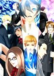  6+boys andre_roland_jean_gerard black_hair blonde_hair blue_eyes blue_hair bow brown_hair everyone fan fushimi_chihiro glasses hair_over_one_eye hiraga_keisuke long_hair miyamoto_kazushi multiple_boys multiple_girls nishiwaki_yuuko odagiri_hidetoshi parody persona persona_3 persona_4 ribbon school_uniform short_hair smile suemitsu_nozomi tomochika_kenji yuuki_makoto 