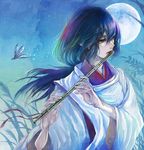  bad_id bad_pixiv_id blue_eyes blue_hair bug dragonfly flute full_moon insect instrument japanese_clothes long_hair moon night original ron solo 