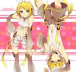  1girl aqua_eyes arm_warmers blonde_hair brother_and_sister detached_sleeves fingerless_gloves gloves hair_ornament hair_ribbon hairclip highres kagamine_len kagamine_len_(append) kagamine_rin kagamine_rin_(append) navel ribbon shivue short_hair shorts siblings smile twins vocaloid vocaloid_append 