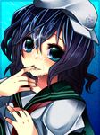  black_hair blue_eyes cum face facial finger_licking hands hat licking multicolored multicolored_nails murasa_minamitsu nail_art nail_polish onoe_junki sailor sailor_collar sailor_hat short_hair solo touhou upper_body 