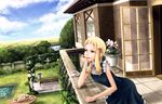  arm_support bad_id bad_pixiv_id balcony blonde_hair blue_eyes blue_sky brick_wall chin_rest cloud cup day dress garden grass hair_ornament hairclip highres house leaning_forward mansion minusion original outdoors railing saucer sky solo standing table tea teacup tiered_tray water window 