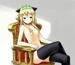  animal_ears areolae black_legwear blonde_hair blush breasts chair crossed_legs green_eyes hair_censor hair_over_breasts heinrike_prinzessin_zu_sayn-wittgenstein hirschgeweih_antennas kinniku_tarou long_hair noble_witches nude sitting small_breasts solo thighhighs world_witches_series 