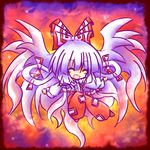  :d ^_^ bow closed_eyes fujiwara_no_mokou hair_bow long_hair open_mouth pants smile solo suspenders tilde_(ice_cube) touhou very_long_hair white_hair wings 