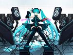  aqua_eyes aqua_hair aqua_nails bare_shoulders black_legwear boots detached_sleeves hatsune_miku headset highres holographic_interface knees_touching long_hair monitor nail_polish necktie niou_kaoru sitting skirt solo speaker thigh_boots thighhighs twintails very_long_hair vocaloid zettai_ryouiki 