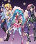  3girls angel_wings armor astraea boots cosplay denim dress food frills fruit garters head_wings ikaros jeans kore_wa_zombie_desu_ka? lowres mary_janes multiple_girls navel nymph_(sora_no_otoshimono) official_art pants shoes sora_no_otoshimono sword tank_top tanktop thigh_boots thighhighs watermelon weapon wings 