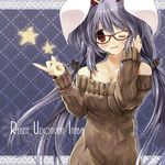  alternate_costume animal_ears bare_shoulders bespectacled blush breasts brown_eyes bunny_ears casual cleavage contemporary glasses lavender_hair long_hair medium_breasts one_eye_closed reisen_udongein_inaba ribbon scarlet_(studioscr) solo star sweater touhou very_long_hair 