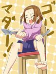  barefoot blush brown_hair casual chair closed_eyes feet foreshortening fork hands hood hoodie k-on! kayaku_(banban) knife open_mouth shorts sitting smile solo tainaka_ritsu toes translated 