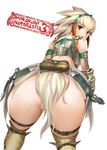 all_fours armor ass barioth_(armor) blonde_hair gloves hairband looking_back momose_hisashi monster_hunter monster_hunter_3 no_panties red_eyes solo thighhighs 