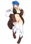  1girl absurdres artist_name bikini bikini_pull black_bikini black_choker blue_eyes blue_hair blush boots breasts brown_footwear center_opening choker coat ear_blush elf erect_nipples eyebrows_visible_through_hair finger_to_mouth full_body fur-trimmed_coat fur_trim hair_between_eyes highres large_breasts navel nose_blush off_shoulder open_clothes open_coat original parted_lips pointy_ears pussy short_hair simple_background skindentation solo stomach string_bikini sunna_(nilsunna) swimsuit thighhighs uncensored undressing white_background white_legwear 