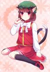  animal_ears bad_id bad_pixiv_id bow brown_hair cat_ears cat_tail chen dress earrings hat jewelry kohaku. long_sleeves mary_janes multiple_tails nail_polish red_eyes red_nails shoes short_hair sitting solo tail touhou 