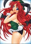  animal_ears ass bare_legs blue_eyes braid bunny_ears bunnysuit frills hat hong_meiling long_hair looking_back marker_(medium) pastel_(medium) red_hair solo touhou traditional_media twin_braids very_long_hair yadokari_genpachirou 