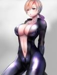  1girl arms_behind_back blonde_hair bodysuit breasts center_opening cleavage collarbone commentary_request grey_eyes jill_valentine large_breasts long_hair long_sleeves low_ponytail nagare navel no_bra open_clothes parted_lips ponytail resident_evil resident_evil_5 shiny shiny_clothes shiny_skin simple_background skin_tight solo standing unzipped zipper 