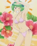  bikini flower green_hair hair_ornament hibiscus kenkou_zenrakei_suieibu_umishou ninagawa_amuro one_eye_closed screencap short_hair side-tie_bikini smile solo stitched swimsuit third-party_edit x_hair_ornament 