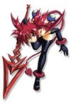  bangle bent_over boots bracelet demon_girl demon_tail demon_wings disgaea elbow_gloves etna full_body gloves jewelry pointy_ears polearm prinny red_eyes red_hair roura short_hair simple_background solo spear tail thigh_boots thighhighs weapon wings 