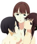  anegasaki_nene black_hair breasts brown_hair cleavage green_eyes kobayakawa_rinko large_breasts looking_at_viewer love_plus multiple_girls nude open_mouth simple_background takane_manaka topless upper_body white_background yasai_(yasai10) 