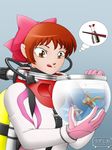  :p bodysuit bow brown_eyes diving_suit fish gegege_no_kitarou gloves hair_ornament helmet nekomusume red_hair scuba short_hair smile solo thought_bubble tongue tongue_out uzushio_(uzusio) water wetsuit 