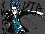  blue_hair earrings grin jacket jewelry kaito kutabare_pta_(vocaloid) male male_focus middle_finger partially_colored red_eyes sharp_teeth smile solo towji vocaloid 