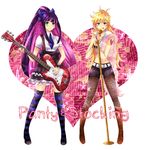  :p bad_id bad_pixiv_id belt blonde_hair blush electric_guitar fishnet_pantyhose fishnets green_eyes guitar hair_ribbon instrument kuga_asumi long_hair microphone microphone_stand midriff multicolored_hair multiple_girls panty_&amp;_stocking_with_garterbelt panty_(psg) pantyhose ribbon stocking_(psg) striped striped_legwear tattoo thighhighs tongue tongue_out two-tone_hair 