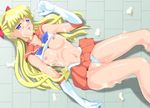  1girl aino_minako bishoujo_senshi_sailor_moon blonde_hair blue_eyes bow breasts choker cum cum_on_body cum_on_breasts cum_on_legs cum_on_lower_body cum_on_torso cum_on_upper_body elbow_gloves facial gloves hair_bow hairbow laying long_hair lying panties sailor_venus shirt_lift skirt tiara underwear upskirt 