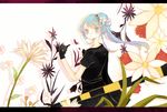  alternate_hairstyle blue_eyes blue_hair female flower gloves hair_flower hair_ornament hair_ribbon hatsune_miku japanese_clothes plant railroad_crossing ribbon solo souka_(souspirit) vocaloid white_background yubikiri_(vocaloid) 