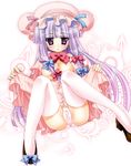  bad_id bad_pixiv_id bow breasts crescent dress dress_lift hair_bow hat long_hair no_bra no_nipples open_clothes open_shirt panties pantyshot patchouli_knowledge purple_eyes purple_hair shirt small_breasts solo thighhighs touhou underwear usamiumi white_legwear white_panties 