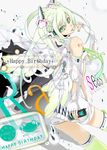  breasts cellphone detached_sleeves green_eyes green_hair happy_birthday hatsune_miku highres long_hair necktie phone small_breasts solo thighhighs twintails umbrella underboob very_long_hair vocaloid wings yume_koreshiki 