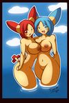  2girls blue_eyes blue_hair breasts cloud clouds female hair happy lesbian looking_at_viewer minun multiple_girls nintendo nipples nude ocean plusle pok&#233;mon pok&#233;morph pokemon red_eyes red_hair tiger1001 video_games water yuri 